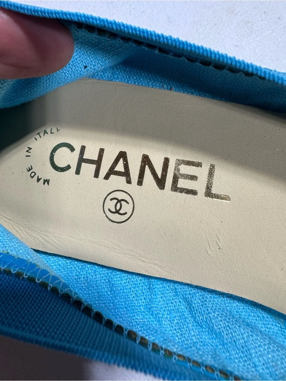 CHANEL Turquoise Ballet Flats with Raffia Flower